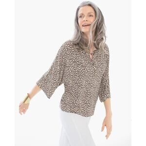 CHICOS Womens Micro Cheetah East West Top Size Large Animal Print Blouse Safari